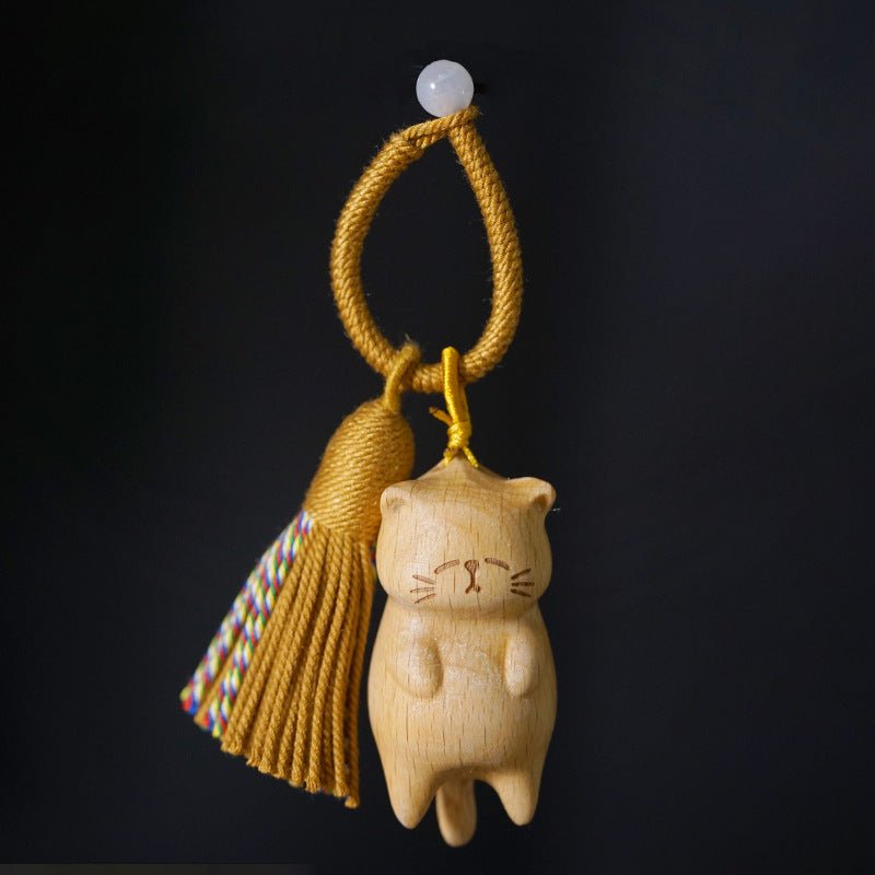 hand - carved lazy cat keychain – beech wood, golden sandalwood & blood pinewood with tassel - star8s