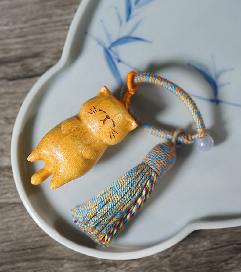 Hand - Carved Lazy Cat Keychain – Beech Wood, Golden Sandalwood & Blood Pinewood with Tassel - STAR8S