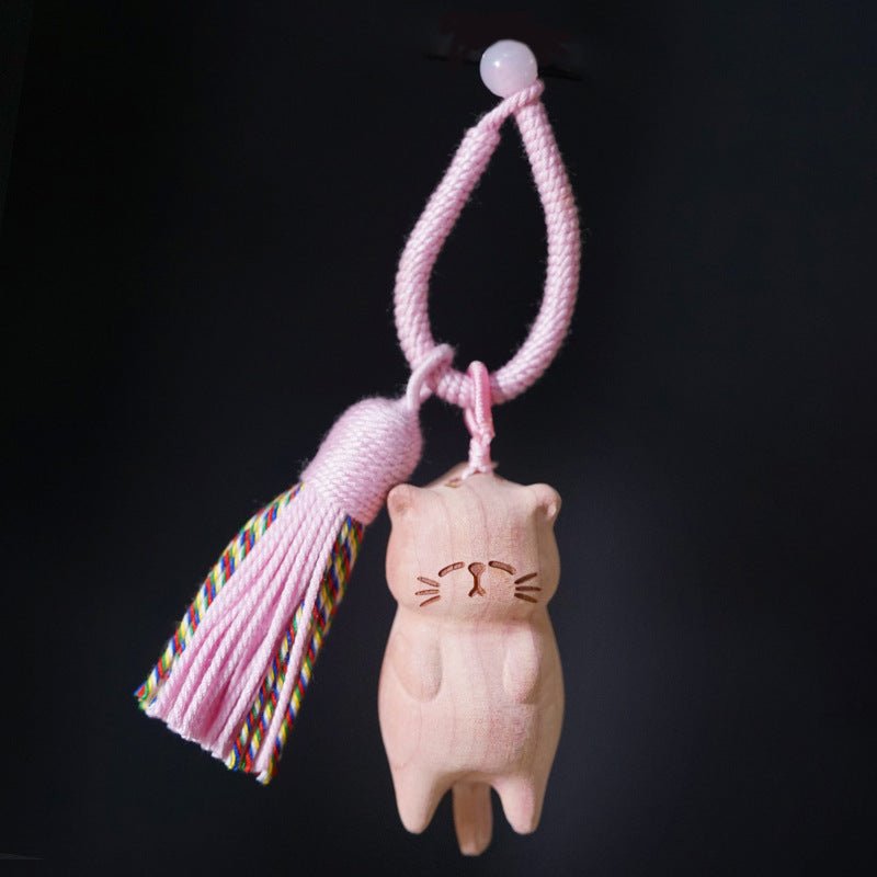 Hand - Carved Lazy Cat Keychain – Beech Wood, Golden Sandalwood & Blood Pinewood with Tassel - STAR8S
