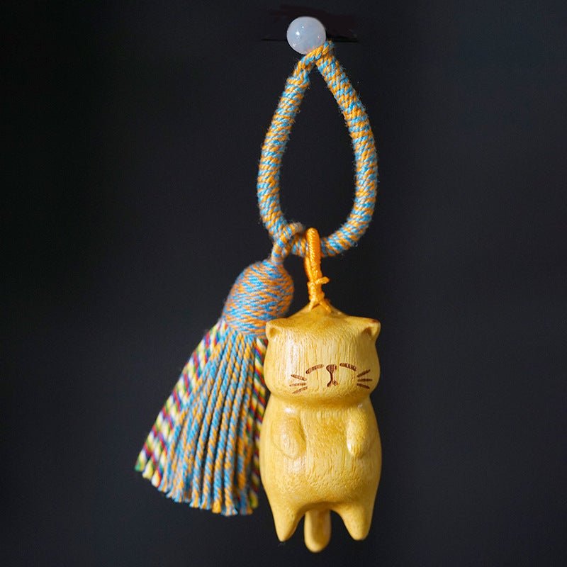 hand - carved lazy cat keychain – beech wood, golden sandalwood & blood pinewood with tassel - star8s