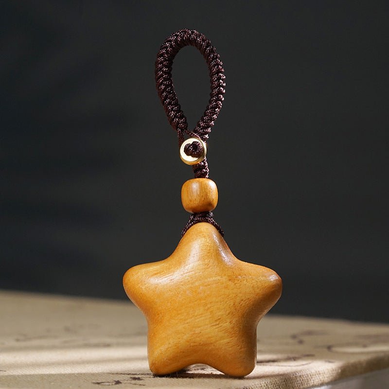 Hand - Carved Wooden Star Keychain | Green Sandalwood & Golden Rosewood Five - Point Star Pendant - STAR8S