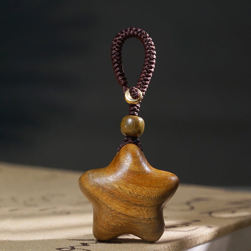 Hand - Carved Wooden Star Keychain | Green Sandalwood & Golden Rosewood Five - Point Star Pendant - STAR8S