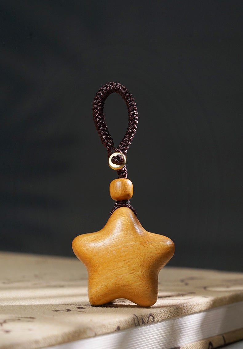 Hand - Carved Wooden Star Keychain | Green Sandalwood & Golden Rosewood Five - Point Star Pendant - STAR8S