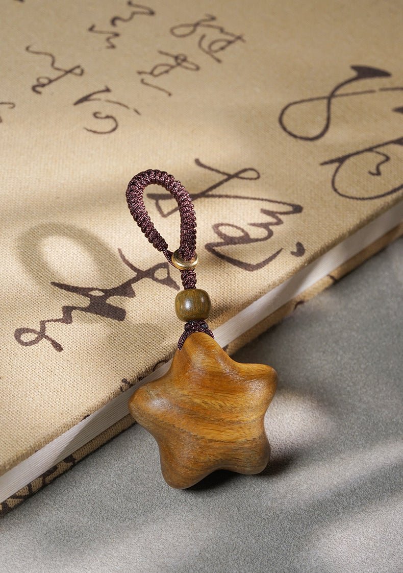 Hand - Carved Wooden Star Keychain | Green Sandalwood & Golden Rosewood Five - Point Star Pendant - STAR8S