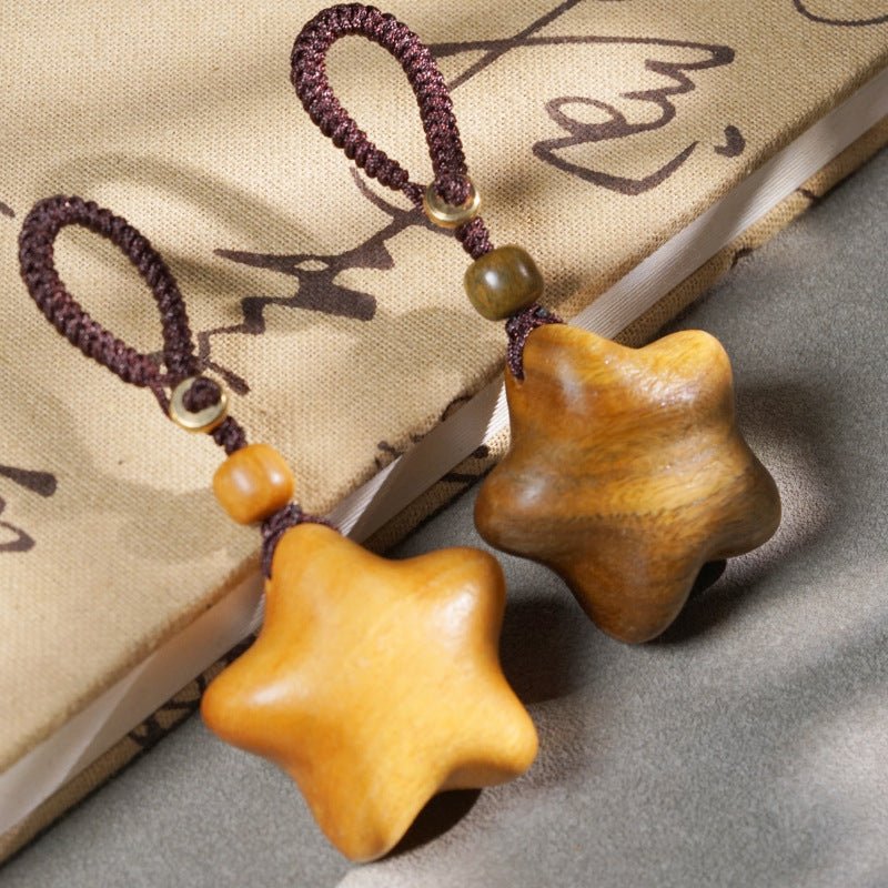 Hand - Carved Wooden Star Keychain | Green Sandalwood & Golden Rosewood Five - Point Star Pendant - STAR8S