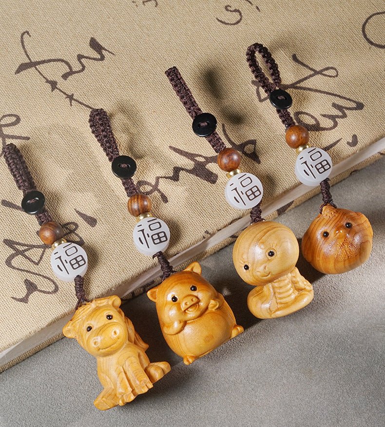 Hand - carved Zodiac Animal Wooden Keychain - Yunnan Cypress, 12 Animals | Unique Phone, Bag, Key Charm - STAR8S