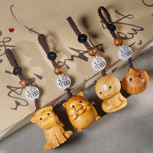 Hand - carved Zodiac Animal Wooden Keychain - Yunnan Cypress, 12 Animals | Unique Phone, Bag, Key Charm - STAR8S