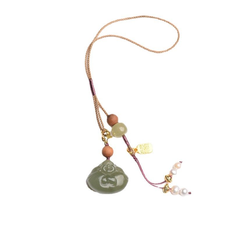 Handcrafted Hetian Jade Laughing Buddha Keychain Pendant - Good Luck Phone Charm, Keychain, Bag Decoration - STAR8S