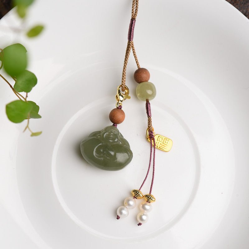 handcrafted hetian jade laughing buddha keychain pendant - good luck phone charm, keychain, bag decoration - star8s