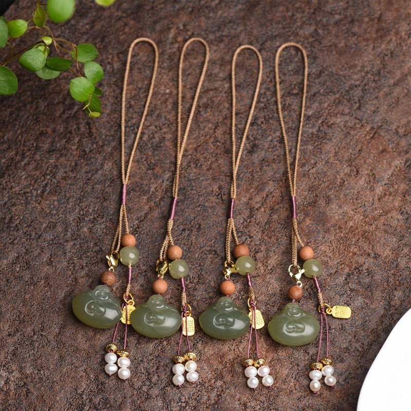 Handcrafted Hetian Jade Laughing Buddha Keychain Pendant - Good Luck Phone Charm, Keychain, Bag Decoration - STAR8S