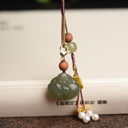 Handcrafted Hetian Jade Laughing Buddha Keychain Pendant - Good Luck Phone Charm, Keychain, Bag Decoration - STAR8S