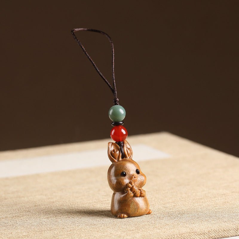 Handcrafted Sandalwood Rabbit Keychain | Cute Chinese Zodiac Rabbit Pendant | Car Key Charm & Phone Strap for Couples - STAR8S