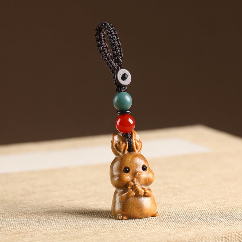Handcrafted Sandalwood Rabbit Keychain | Cute Chinese Zodiac Rabbit Pendant | Car Key Charm & Phone Strap for Couples - STAR8S