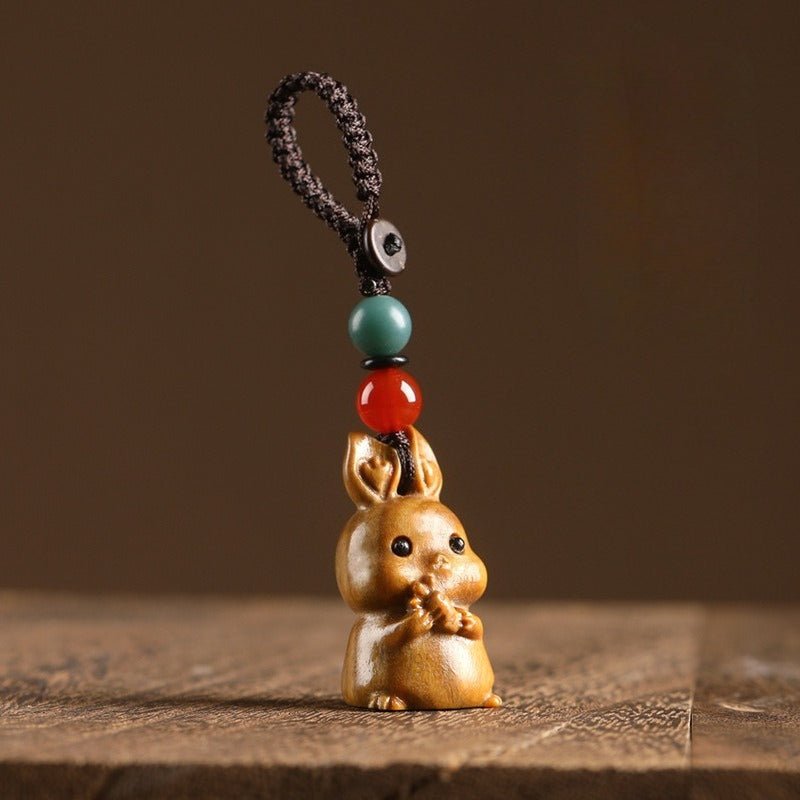 handcrafted sandalwood rabbit keychain | cute chinese zodiac rabbit pendant | car key charm & phone strap for couples - star8s