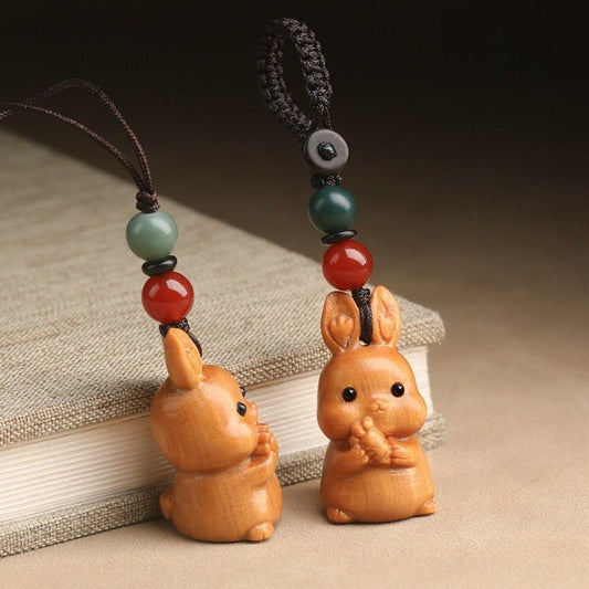 Handcrafted Sandalwood Rabbit Keychain | Cute Chinese Zodiac Rabbit Pendant | Car Key Charm & Phone Strap for Couples - STAR8S