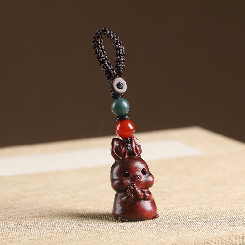 Handcrafted Sandalwood Rabbit Keychain | Cute Chinese Zodiac Rabbit Pendant | Car Key Charm & Phone Strap for Couples - STAR8S