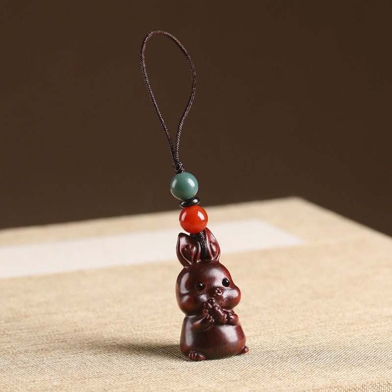 Handcrafted Sandalwood Rabbit Keychain | Cute Chinese Zodiac Rabbit Pendant | Car Key Charm & Phone Strap for Couples - STAR8S