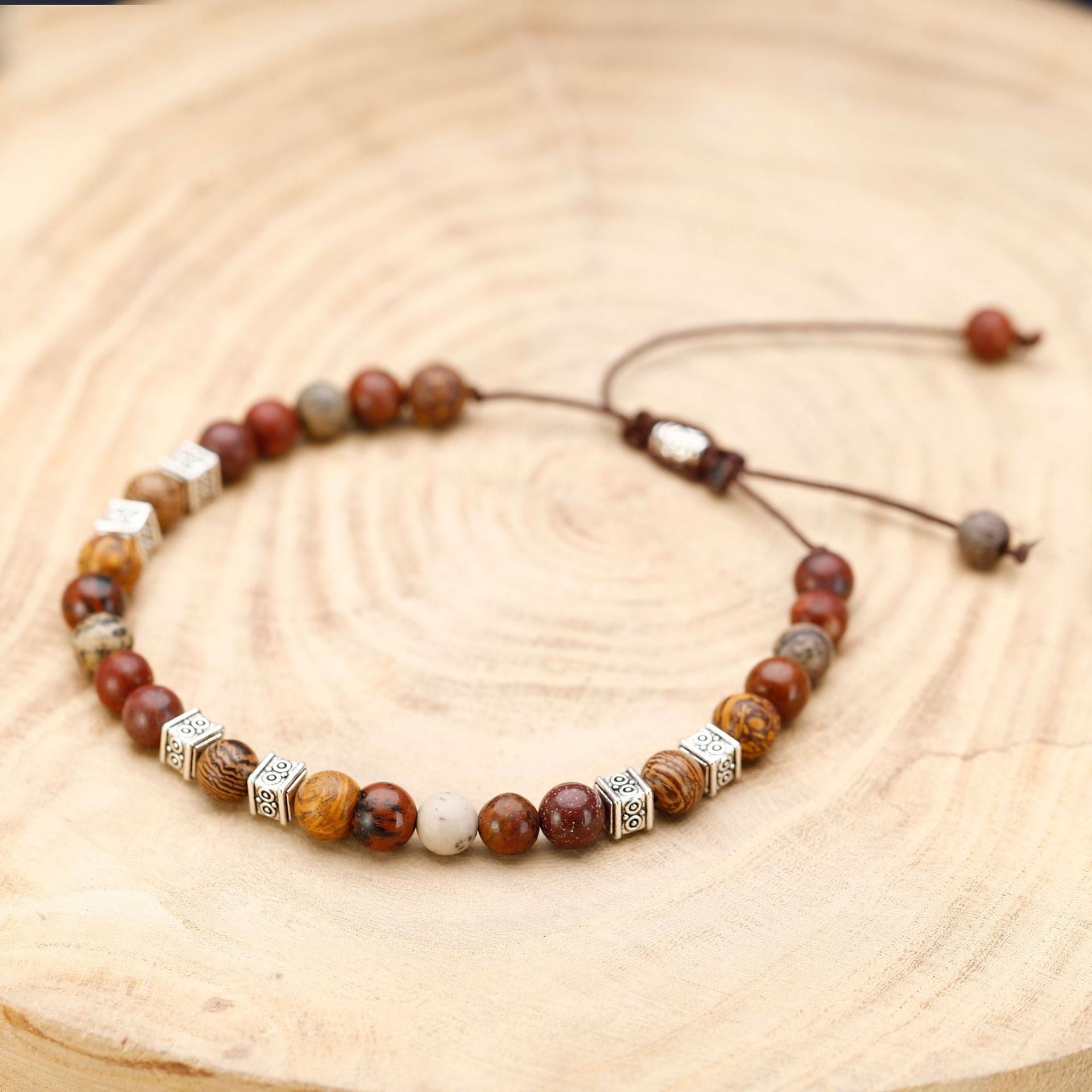 Handcrafted Stone Bead Bracelet - Tiger Eye, Sandalwood & Silver Adjustable Bracelet - STAR8S