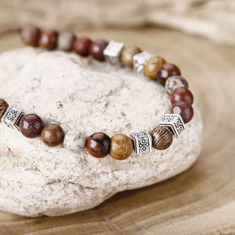 Handcrafted Stone Bead Bracelet - Tiger Eye, Sandalwood & Silver Adjustable Bracelet - STAR8S
