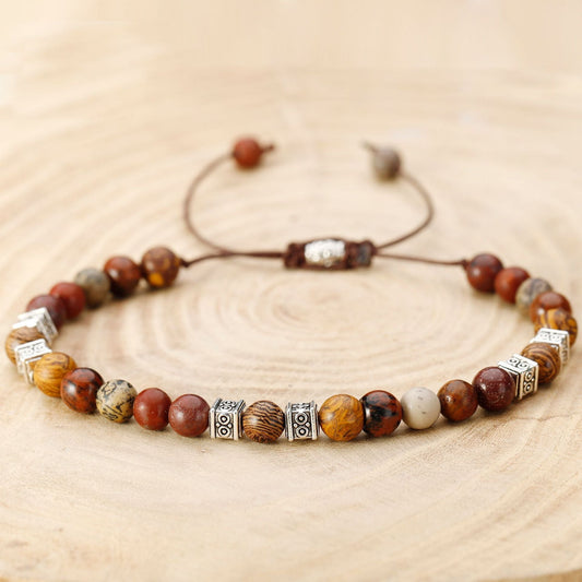 Handcrafted Stone Bead Bracelet - Tiger Eye, Sandalwood & Silver Adjustable Bracelet - STAR8S