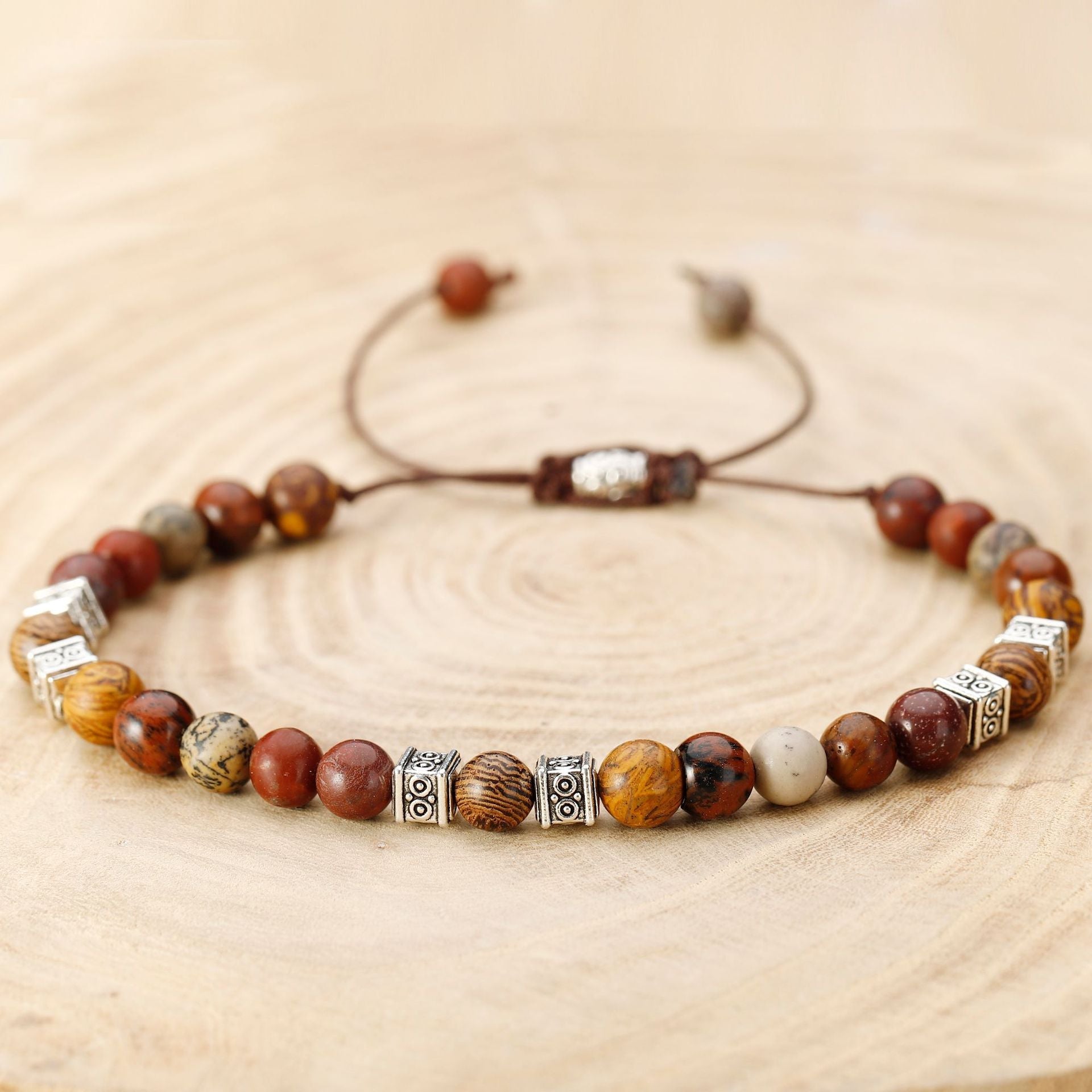 Handcrafted Stone Bead Bracelet - Tiger Eye, Sandalwood & Silver Adjustable Bracelet - STAR8S