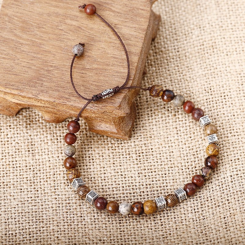 Handcrafted Stone Bead Bracelet - Tiger Eye, Sandalwood & Silver Adjustable Bracelet - STAR8S