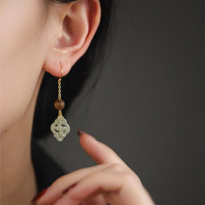 Handmade Natural Hetian Jade & Agarwood Earrings – Chinese Style, 925 Silver Gold Plated Hook - STAR8S