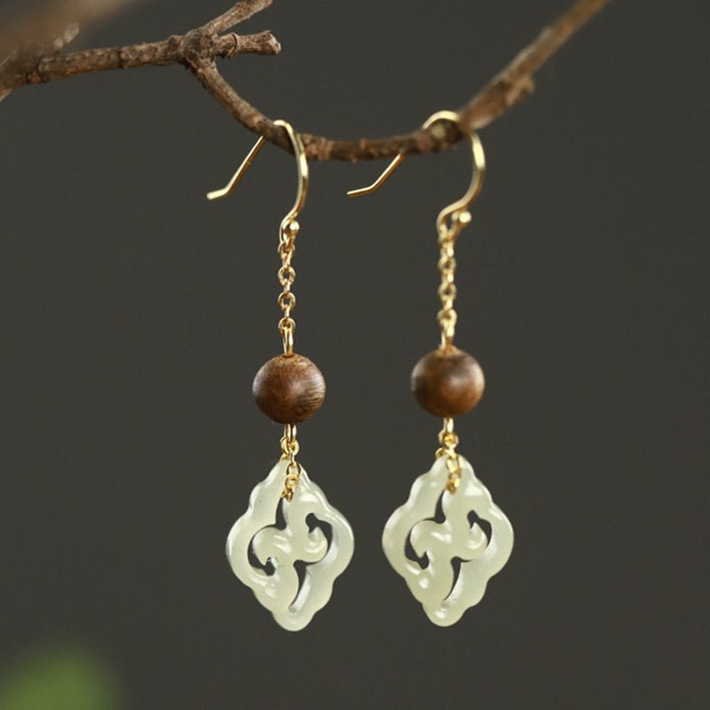 Handmade Natural Hetian Jade & Agarwood Earrings – Chinese Style, 925 Silver Gold Plated Hook - STAR8S