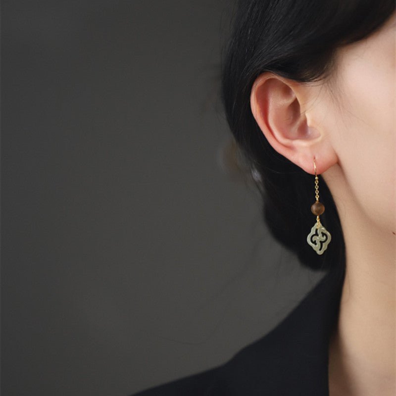 handmade natural hetian jade & agarwood earrings – chinese style, 925 silver gold plated hook - star8s