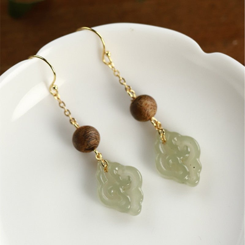 Handmade Natural Hetian Jade & Agarwood Earrings – Chinese Style, 925 Silver Gold Plated Hook - STAR8S