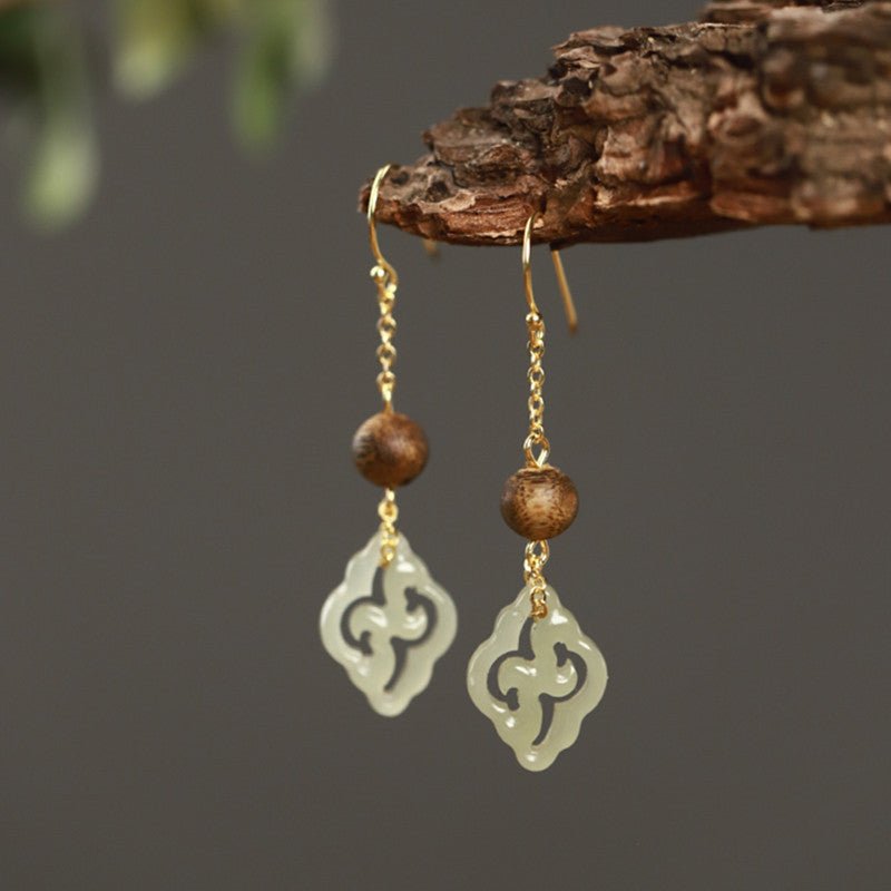 Handmade Natural Hetian Jade & Agarwood Earrings – Chinese Style, 925 Silver Gold Plated Hook - STAR8S