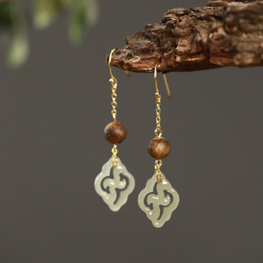 Handmade Natural Hetian Jade & Agarwood Earrings – Chinese Style, 925 Silver Gold Plated Hook - STAR8S