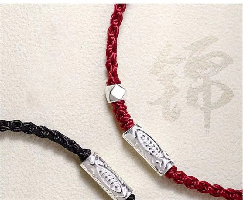 handmade red string bracelet for couples – 925 sterling silver fish bead, adjustable red & black cord - star8s