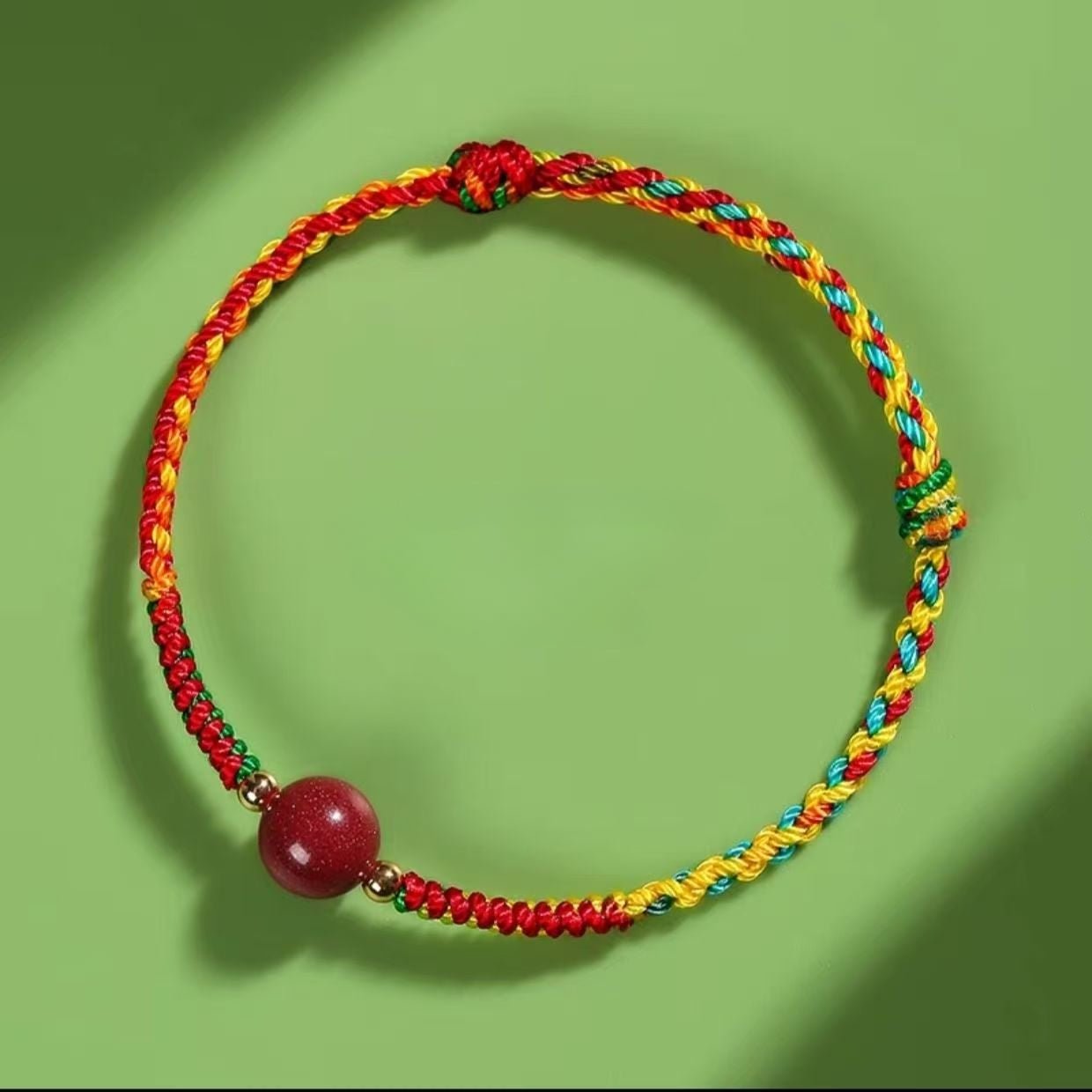 handmade red string bracelet for kids & adults - adjustable five - color thread with red sandstone bead - star8s