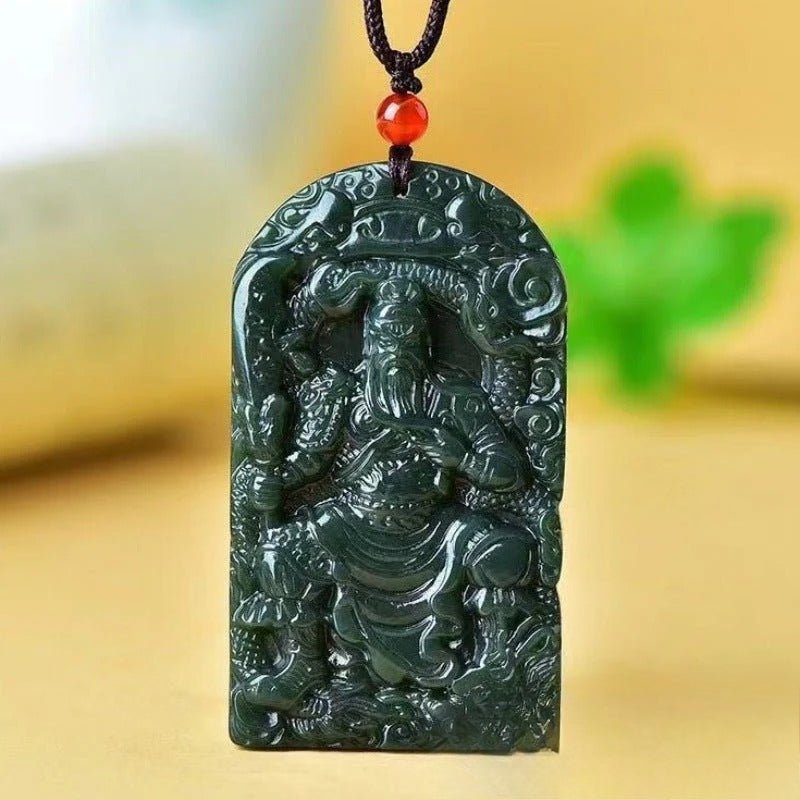 He Tian Jade Green Carved Guan Gong Pendant - Authentic Natural Jade Necklace for Men - STAR8S