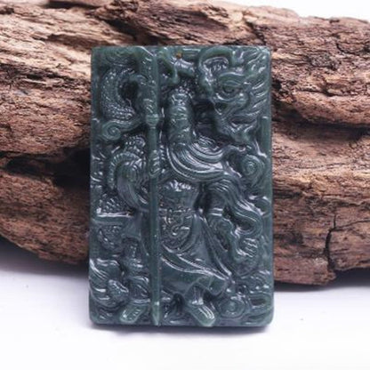 He Tian Jade Green Carved Guan Gong Pendant - Authentic Natural Jade Necklace for Men - STAR8S
