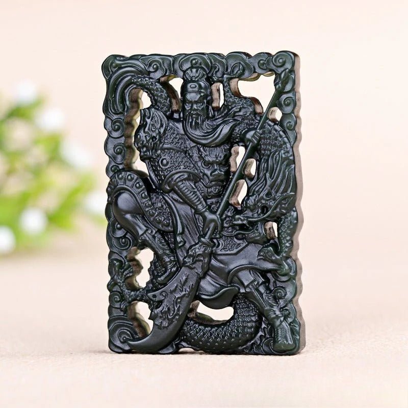 he tian jade green carved guan gong pendant - authentic natural jade necklace for men - star8s