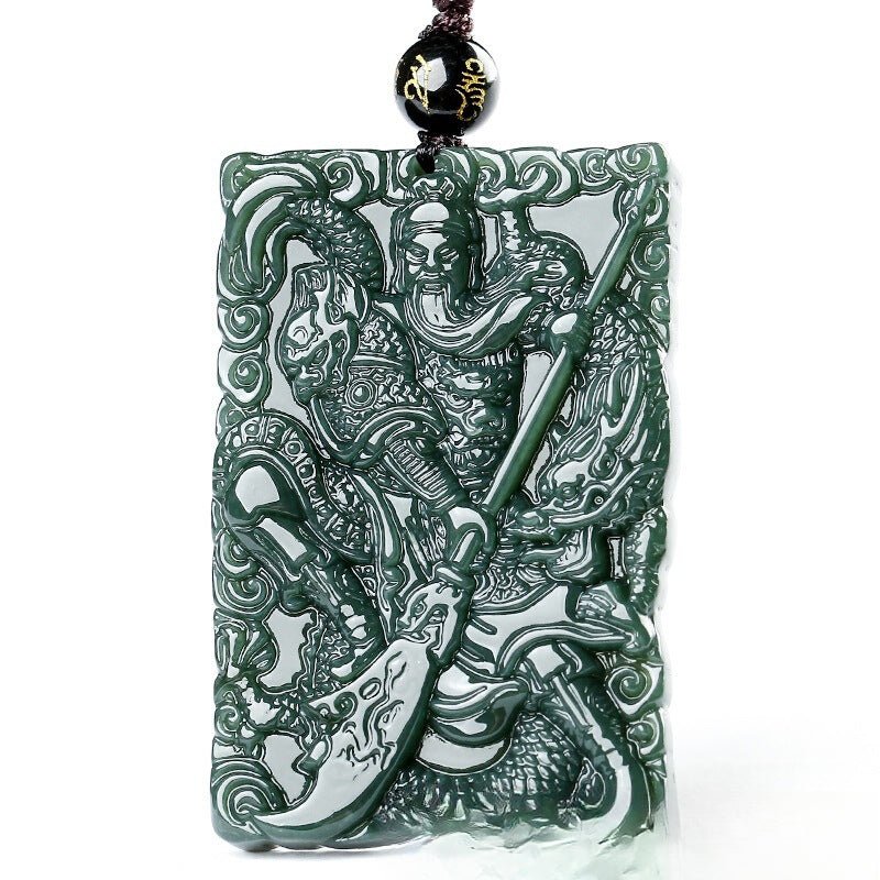 he tian jade green carved guan gong pendant - authentic natural jade necklace for men - star8s