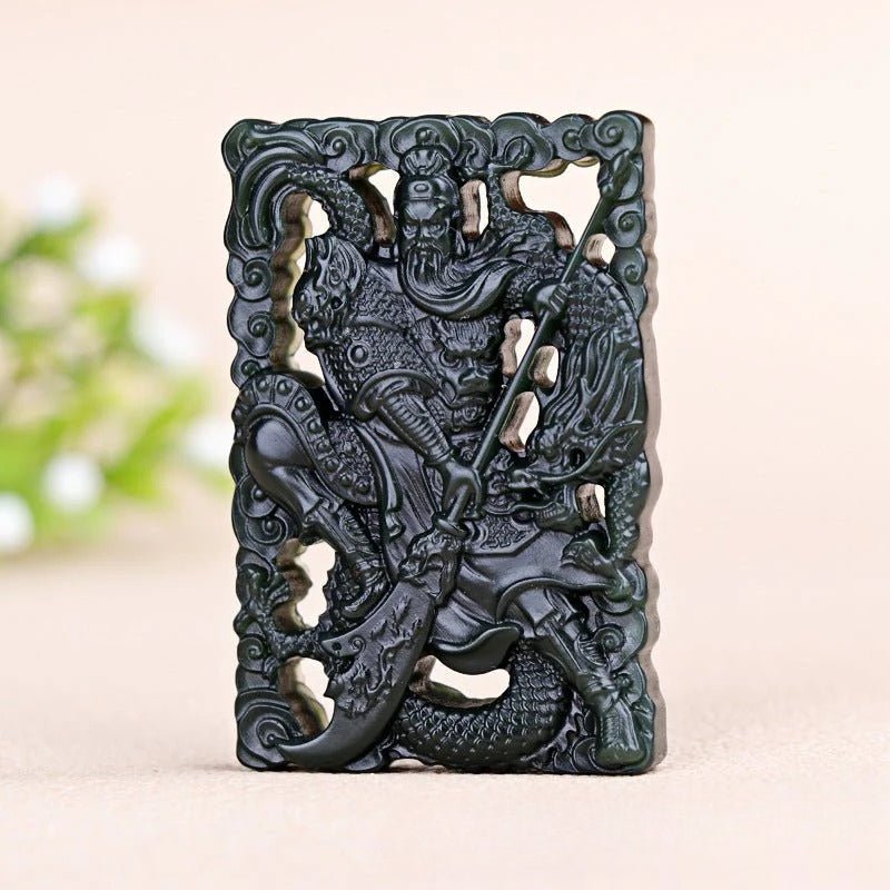 He Tian Jade Green Carved Guan Gong Pendant - Authentic Natural Jade Necklace for Men - STAR8S