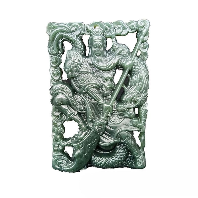 He Tian Jade Green Carved Guan Gong Pendant - Authentic Natural Jade Necklace for Men - STAR8S