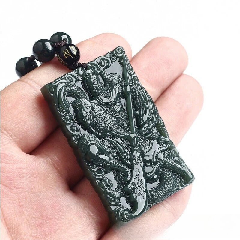 he tian jade green carved guan gong pendant - authentic natural jade necklace for men - star8s