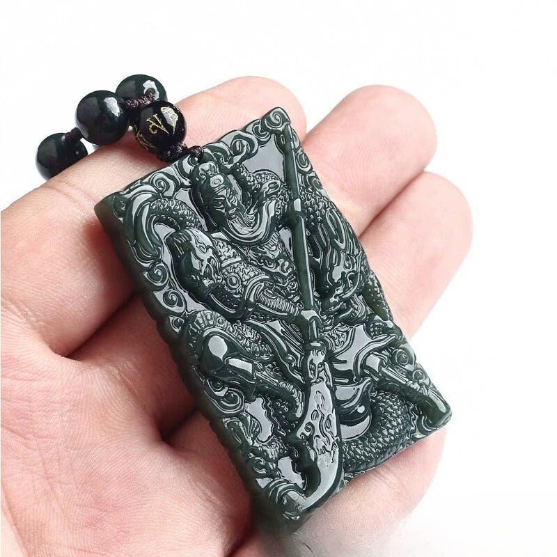 He Tian Jade Green Carved Guan Gong Pendant - Authentic Natural Jade Necklace for Men - STAR8S
