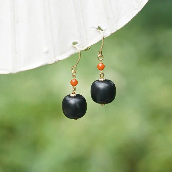 hetian dark jade earrings with nanjiang red agate beads | star8s - star8s