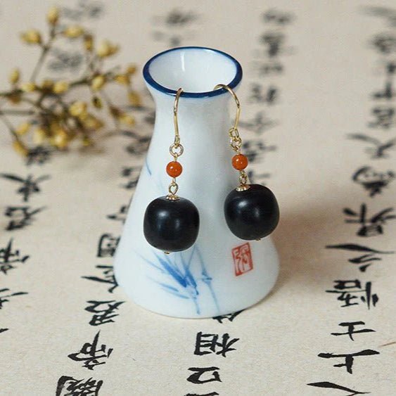 hetian dark jade earrings with nanjiang red agate beads | star8s - star8s