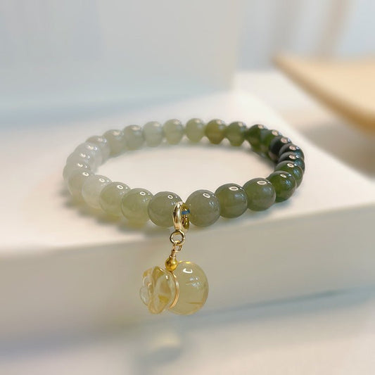 Hetian Jade Beaded Bracelet - Green & White Gradient with Golden Charm - Gift for Friends & Loved Ones - STAR8S