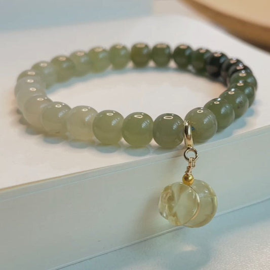 Hetian Jade Beaded Bracelet - Green & White Gradient with Golden Charm - Gift for Friends & Loved Ones - STAR8S