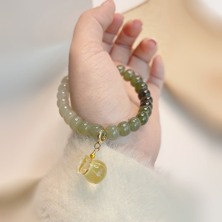Hetian Jade Beaded Bracelet - Green & White Gradient with Golden Charm - Gift for Friends & Loved Ones - STAR8S