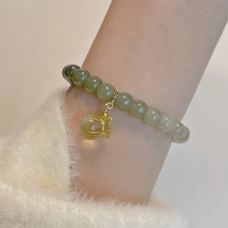 Hetian Jade Beaded Bracelet - Green & White Gradient with Golden Charm - Gift for Friends & Loved Ones - STAR8S