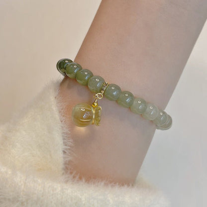 Hetian Jade Beaded Bracelet - Green & White Gradient with Golden Charm - Gift for Friends & Loved Ones - STAR8S