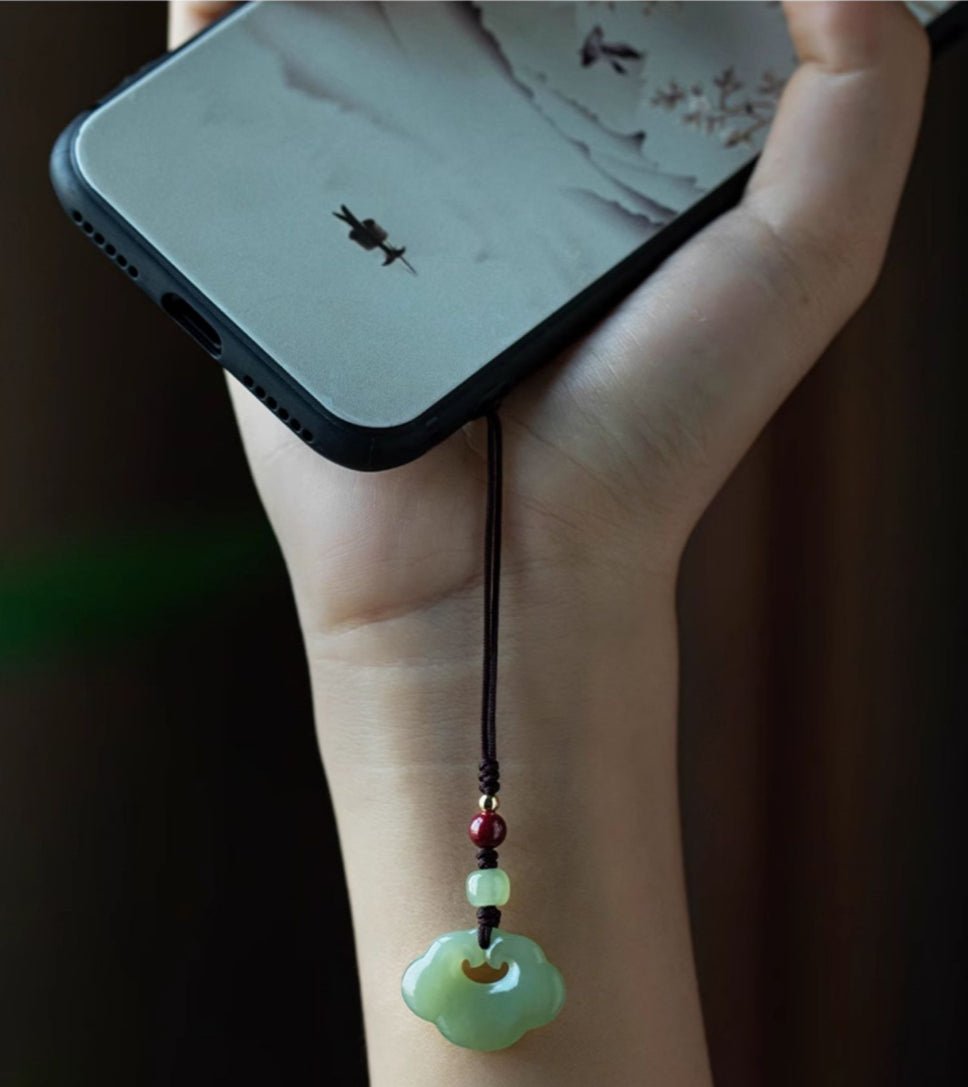 hetian jade peace lock keychain - natural white jade phone pendant, good luck charm, handcrafted jewelry - star8s